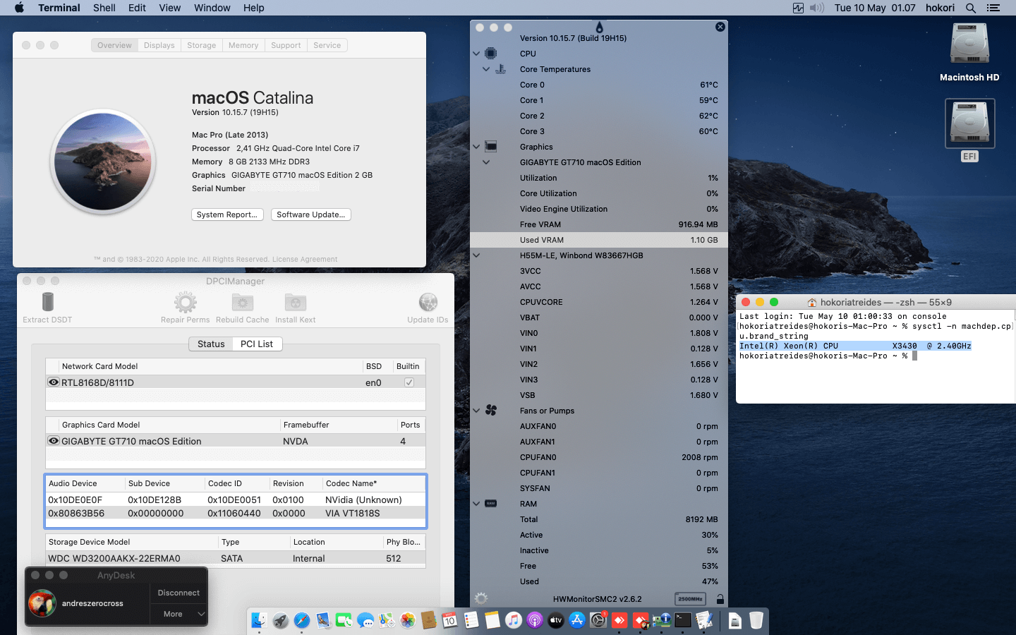 Success Hackintosh macOS Catalina 10.15.7 Build 19H15 in Asrock H55M-LE + Intel Xeon X3430 + Gigabyte GT710